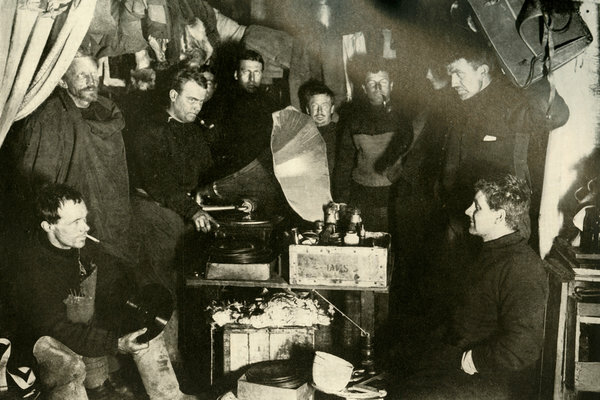 Members of Ernest Shackleton’s 1907-09 expedition to Antarctica enjoyed tunes on a gramophone in a hut they built.