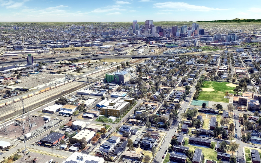 The Ayden at 4228 Kalamath St. aerial perspective | OZ Architecture